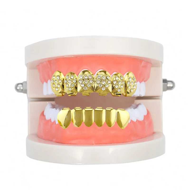 Hip Hop Gold Colour d Out CZ Teeth Grillz Top Bottom Men Women Jewelry Tooth Gem Grillz Y2kXJ241225