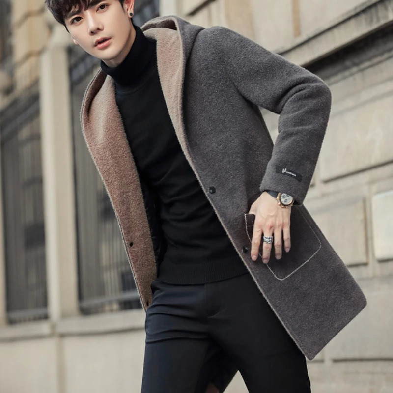 Winter Long Wool Blends Jacket Men Hooded Casual Business Trench Coat Social Streetwear Woolen Windbreaker Clothing 241225