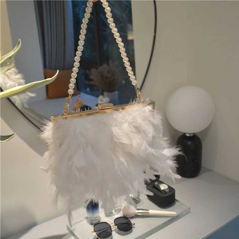 High Quality Womens Feather Evening Wallet Pearl Belt Chain Clutch Handbag Womens Elegant Dinner Party Shoulder Cross Body Bag T241225