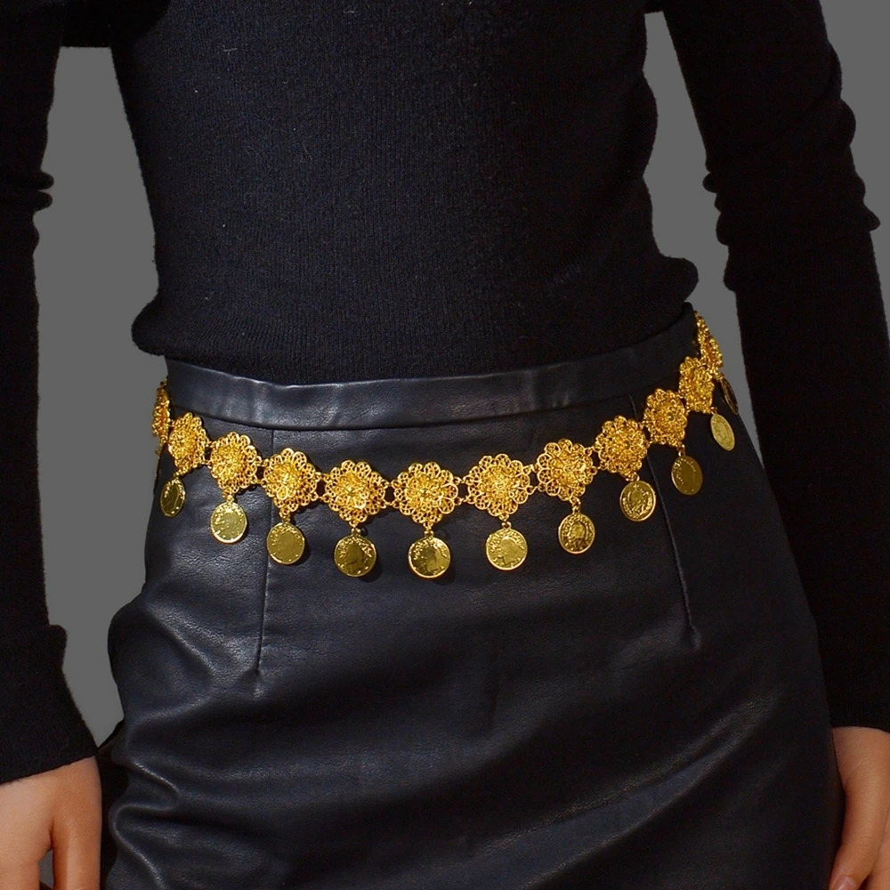 Fashion Waistband Jewelry Afghan Gold Color Metal Hollow Flower Coin Tassel Waist Chain Skirt Accessories Belt 241225