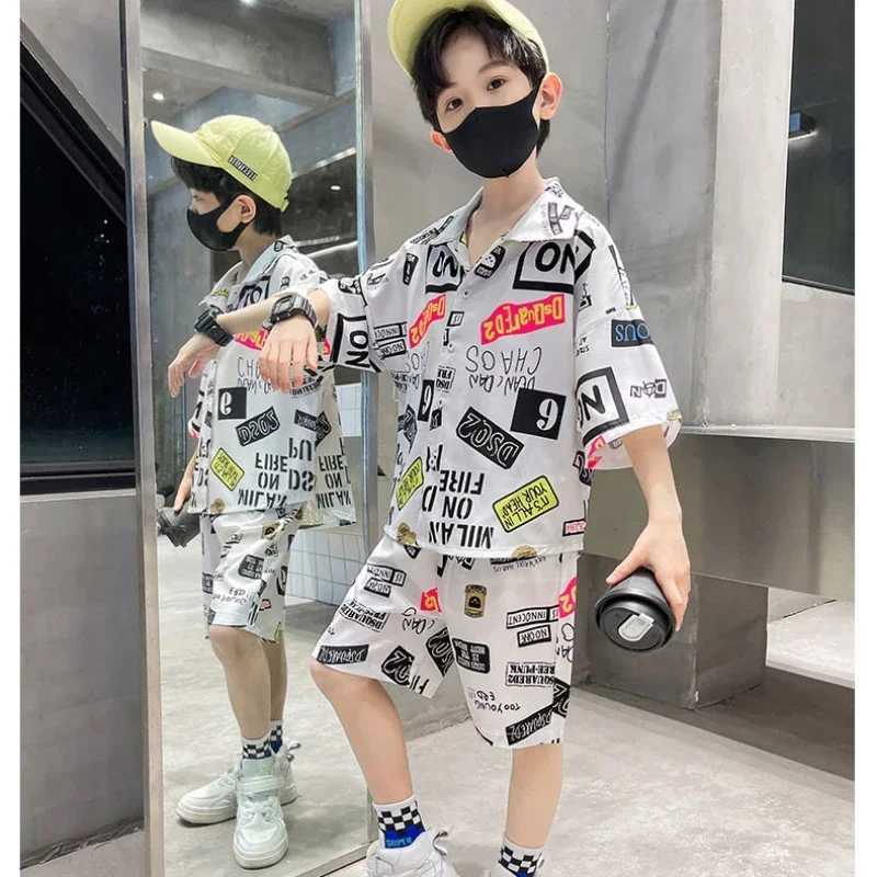 Clothing Sets Summer Teenage Boy Clothes Set Children Fashion Single Breasted Short Sleeve Shirt Top and Shorts Bottom 2pcs Suit Beach WearY2412253OMQ