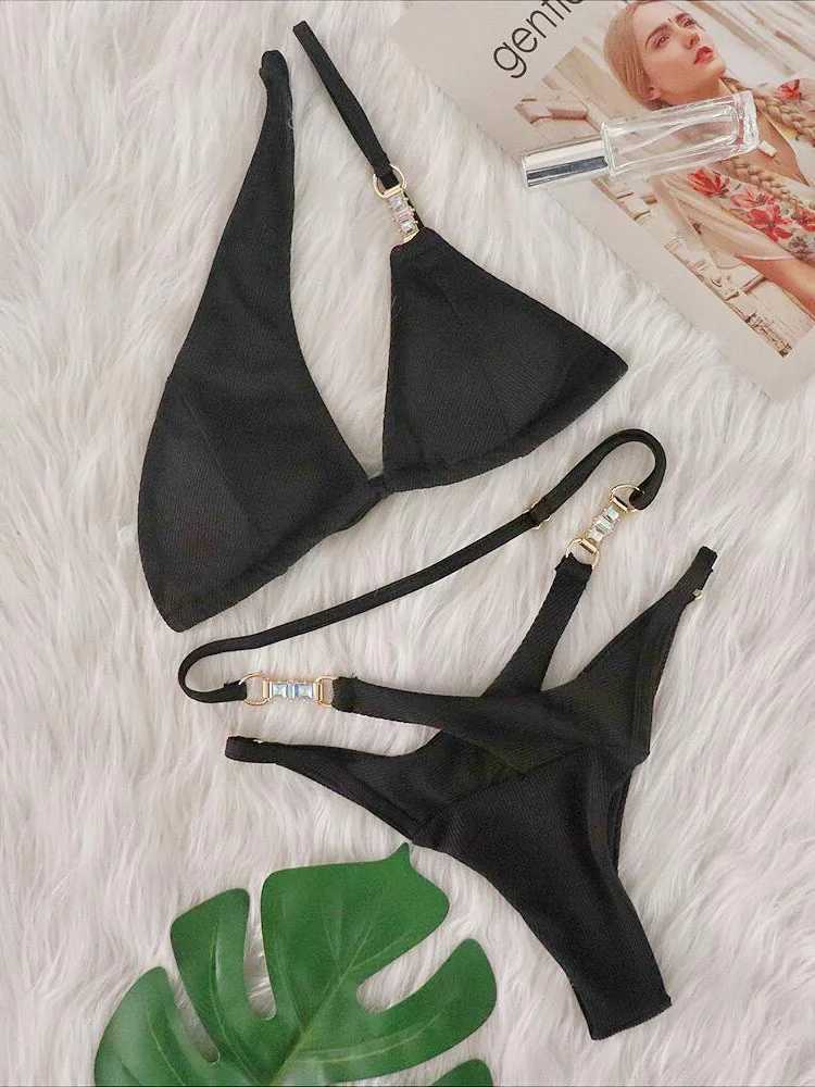 Circyy Pink Sexy Swimsuit Womens One Shoulder Bikini Set Lace Upward Shining Diamond Swimsuit Drawer Divided into Two BiquinisW241225