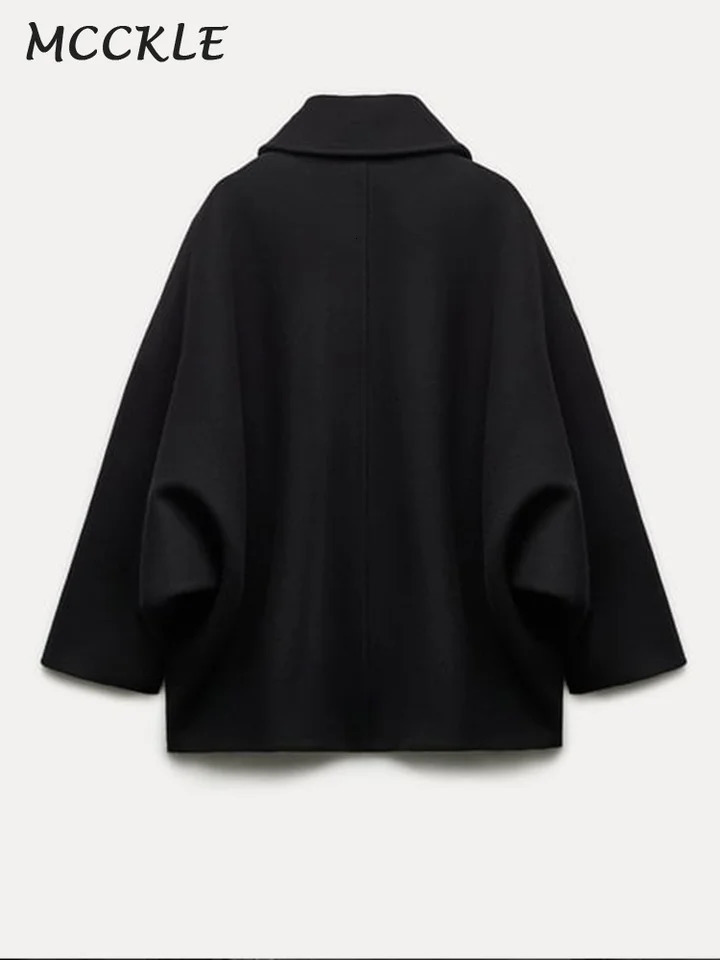 Singlebreasted Lapel Coat Loose Woolen Long Sleeve Pockets Short Jacket Female Autumn Winter Elegant Casual Tops Outwear 241225