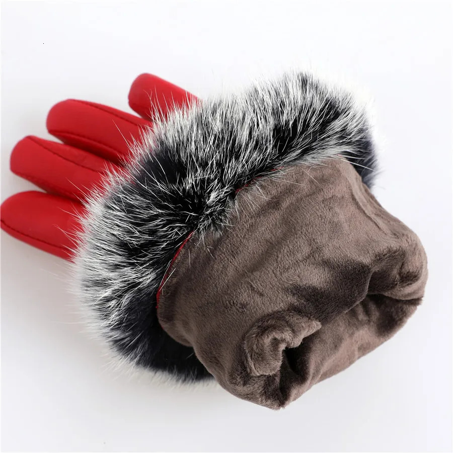 Arrival Wholesale Womens Real Sheepskin Leather Gloves With Rabbit Fur Cuffs Female Cycling Warm gloves Fleece Lining 241225