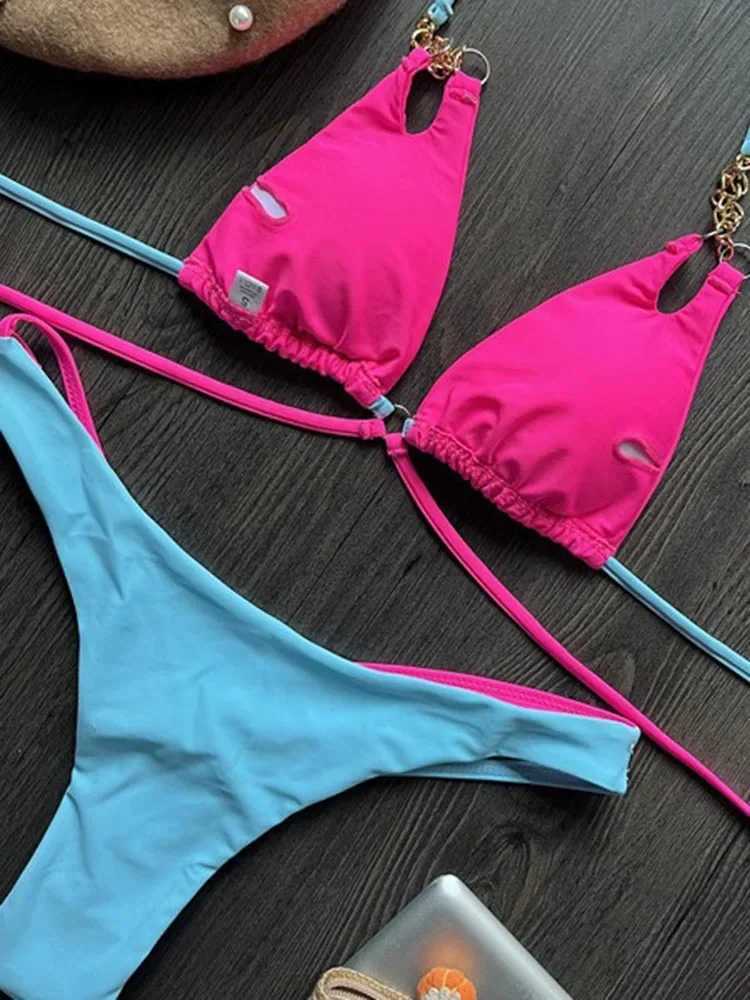 OIINAA swimsuit womens sexy suspender bikini set splicing work lace on yukata block color two pieces summer package BiquinisW241225