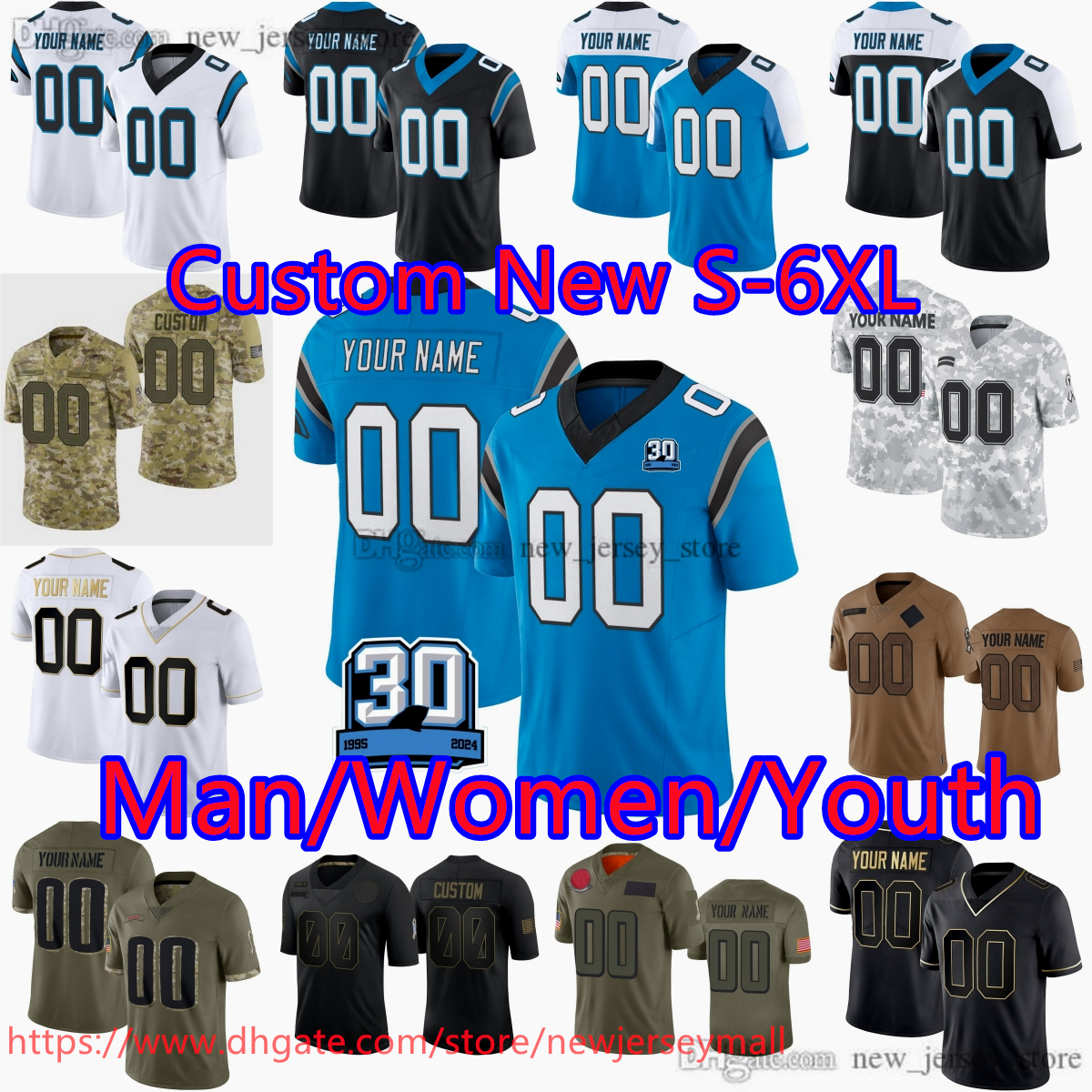 Custom S-6XL DIY Football 9 Bryce Young Jersey Stitch 90 Julius Peppers Adam Thielen Cam Newton Xavier Legette Chuba Hubbard Jaycee Horn Luke Kuechly Ikem Ekwonu Moore
