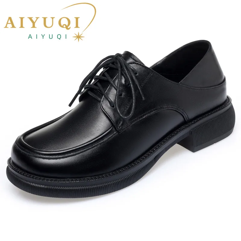 AIYUQI Loafers Women Spring Genuine Leather Fashion Women Large Size Shoes Lace Up Mid Heel Work Shoes Ladies