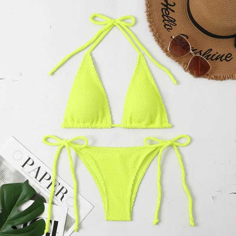 New sexy neon yellow thong bikini two-piece swimsuit womens swimsuit beach swimsuit Brazilian mini bikini 2025W241225