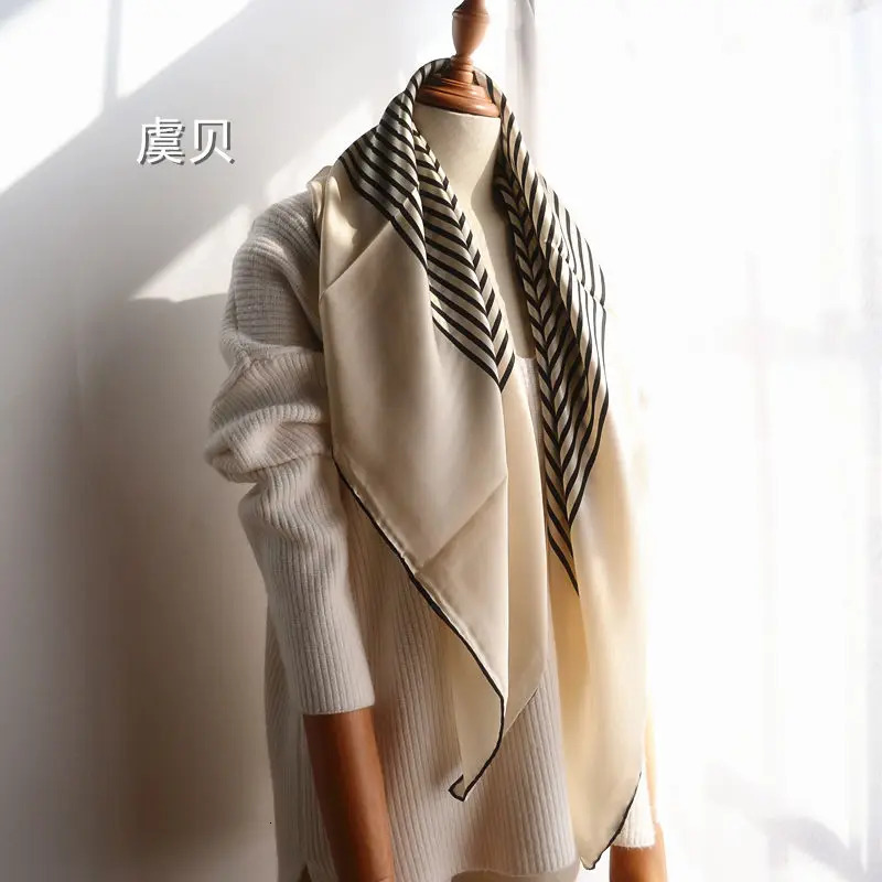 High quality natural silk satin scarf women black white striped printed shawl scarves big size square bandana wrap gift for lady 241225