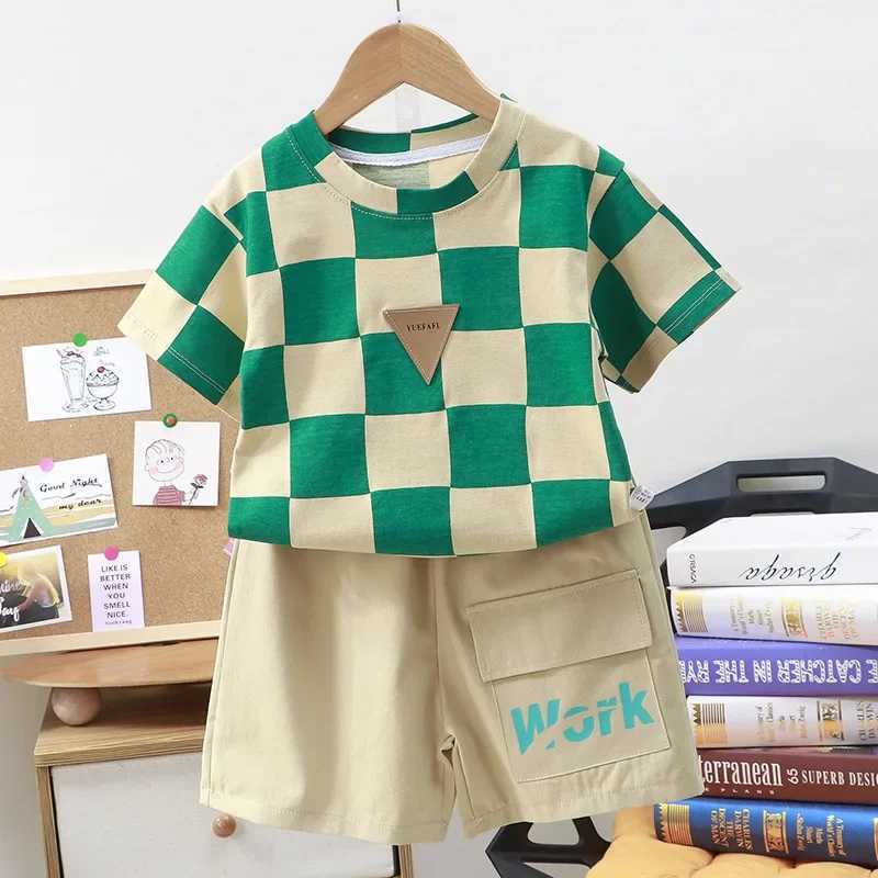 Clothing Sets Kids Cotton Clothes Boys Girls Summer Color Block T-Shirt Letter Shorts 2 Pieces Set Teenage Boy Plaid Tracksuit with ketY241225Q7CP