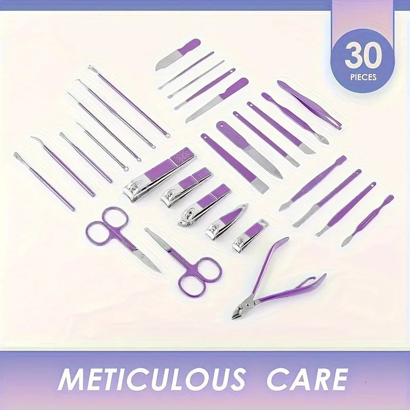 30Pcs Nail Clipper Set Purple Set Manicure Set Anti Splash Fingernail Cutter Stainless Steel Nail Scissor Cuticle Tools 241225