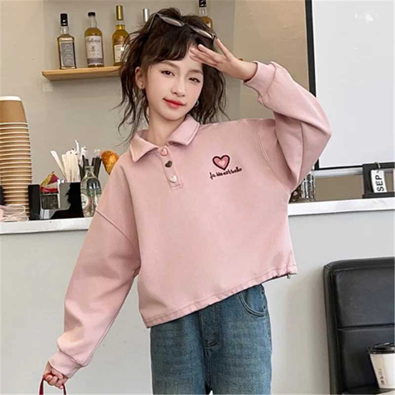2024 Kids Polo Clothes for Girls Autumn Long Sleeve Polo T Shirts Girls Children Turn-down Collar Sweatshirt With Heart Age 5-14XJ241225