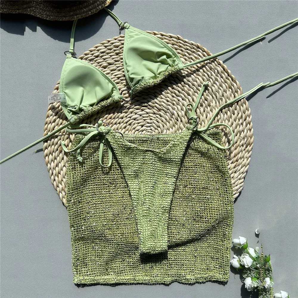 Green fishing net sexy swimsuit top womens 3-piece bikini set Damen Halter swimsuit 2025 beachwear beaded mini bikiniW241225