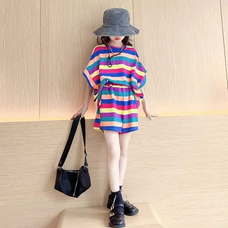 Clothing Sets Summer Children Girls Clothes Set Fashion Stripe Cute T-shirts and Shorts 2pcs Suit Teenage Top Bottom Sweet OutfitsY241225ZV8U