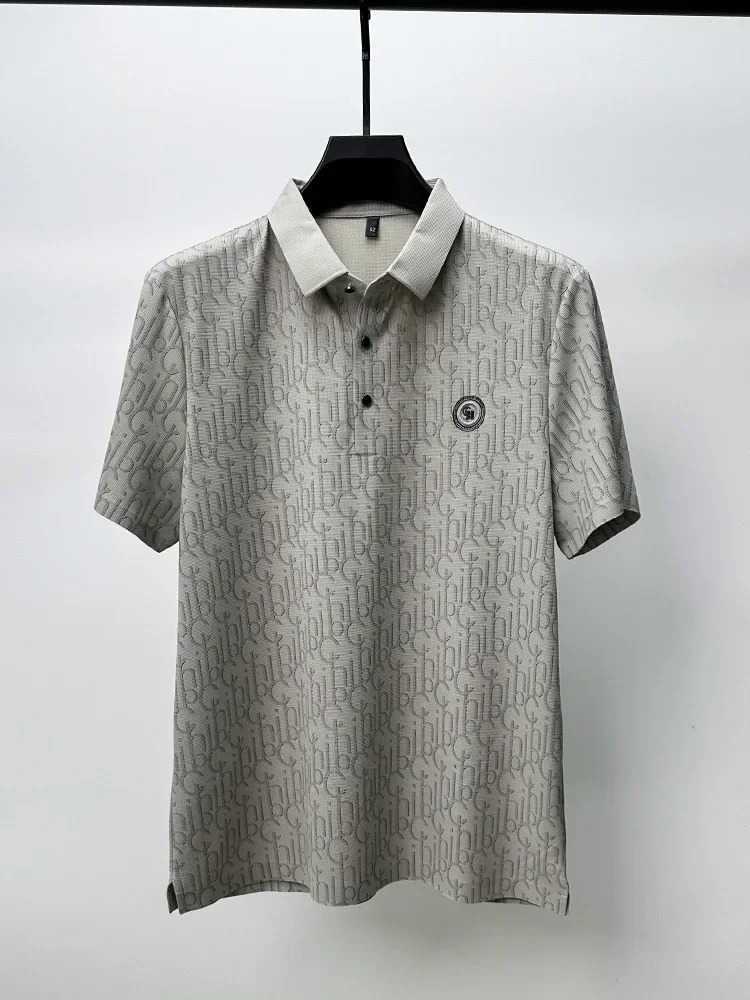 Summer Highend Silk Short Sleeved Polo Shirt for Mens ious Embossed Casual Fashion Comfortable Breathable Cool Top 241225