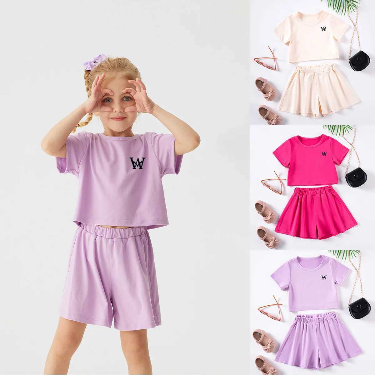 Clothing Sets Girls Fashion Letter Short Sleeve Set Toddler Printed Loose T-Shirt Solid Color Shorts 2 Pieces Korean Daily Casual Set Hot SaleY2412255