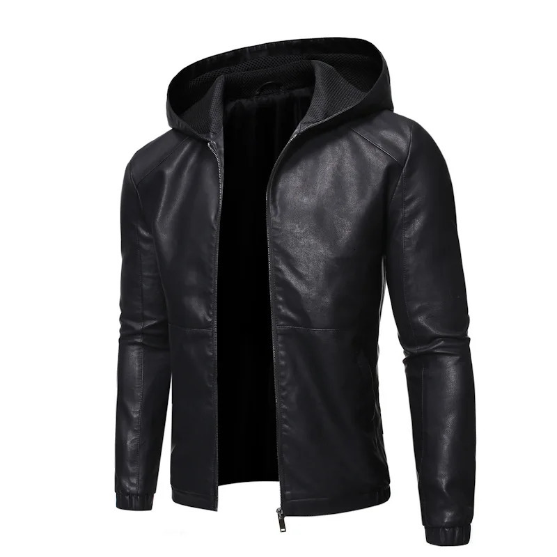Leather mens autumn slim fit Korean version handmade hooded motorcycle jacket mens coat trend 241224