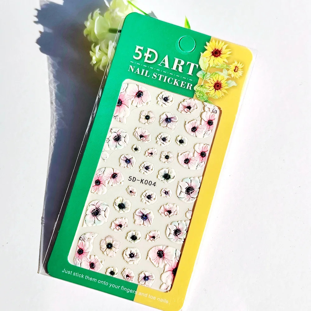 10PCS Plant Totem Nail Art Stickers Chrysanthemum White Nail Art Decorative Decals 5D Glue Back Butterfly Cat Dog Nail Slider 241225