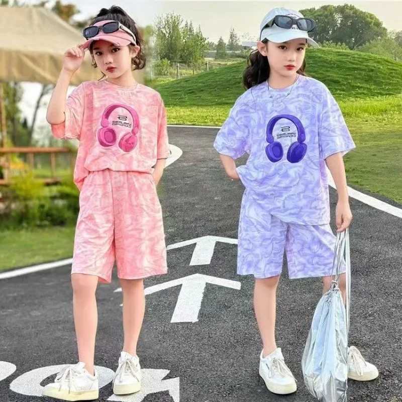 Clothing Sets Summer Teenage Clothes Set Children Girls Sweet Short Sleeve Tie Dye T-shirts and Shorts 2pcs Suit Kid Cute Top Bottom TracksuitY241225J
