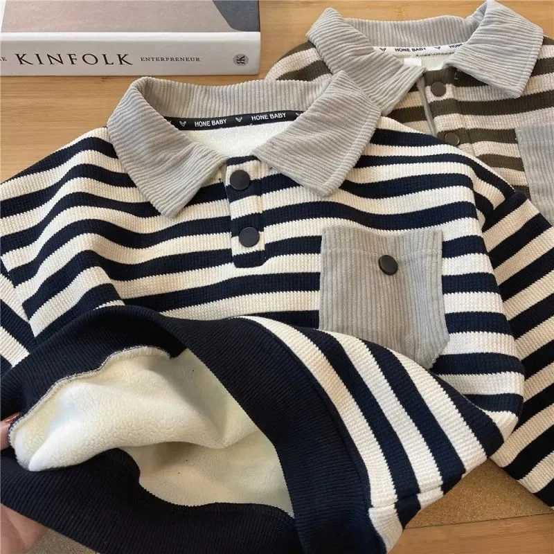 Boys Plush Sweater Autumn and Winter New Baby Long Sleeved POLO Shirt Korean Striped Childrens Winter ClothesXJ241225