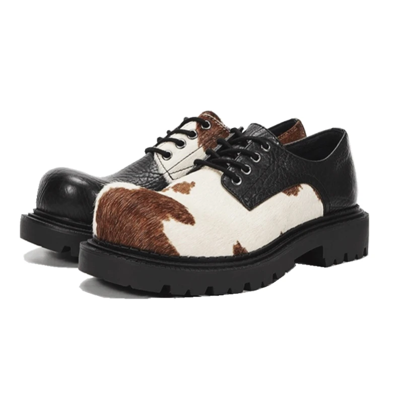 Style Horsehair Women's Derby Shoes Thick Heel Fashionable Loafers Women Left and Right Color Matching Female Shoes