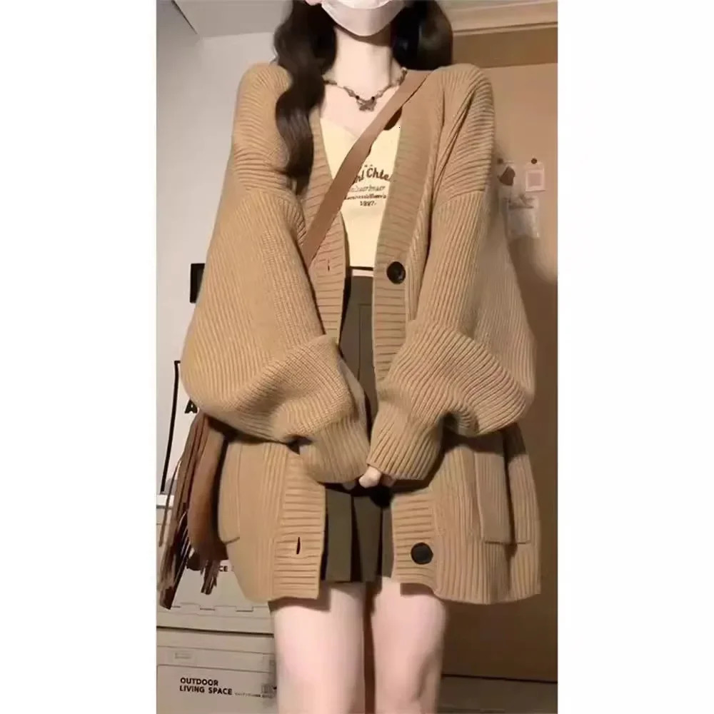 Womens VNeck Knitted Cardigan Thickened Casual Sweater Long Sleeve Elegant Fit Loose Middle Age Jacket 241225