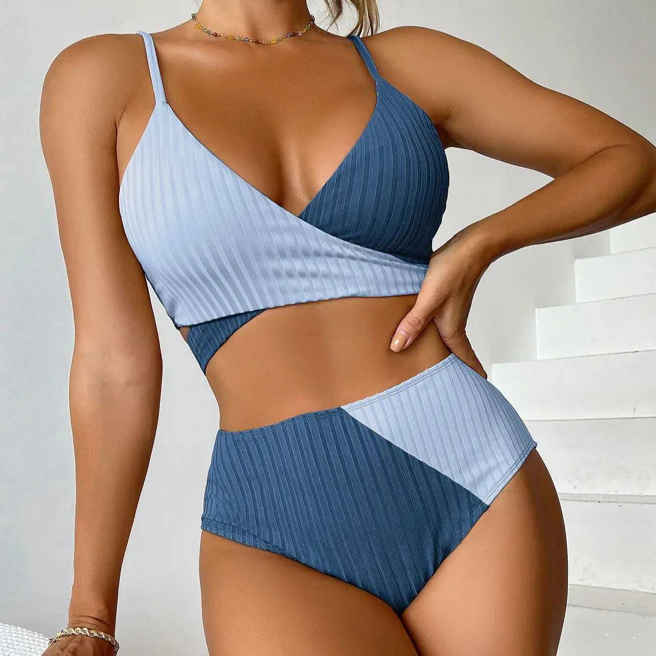 Cross Band Bikini Set 2-piece B with High Waist Beach Shorts Swimsuit Womens Splicing SwimsuitW241225