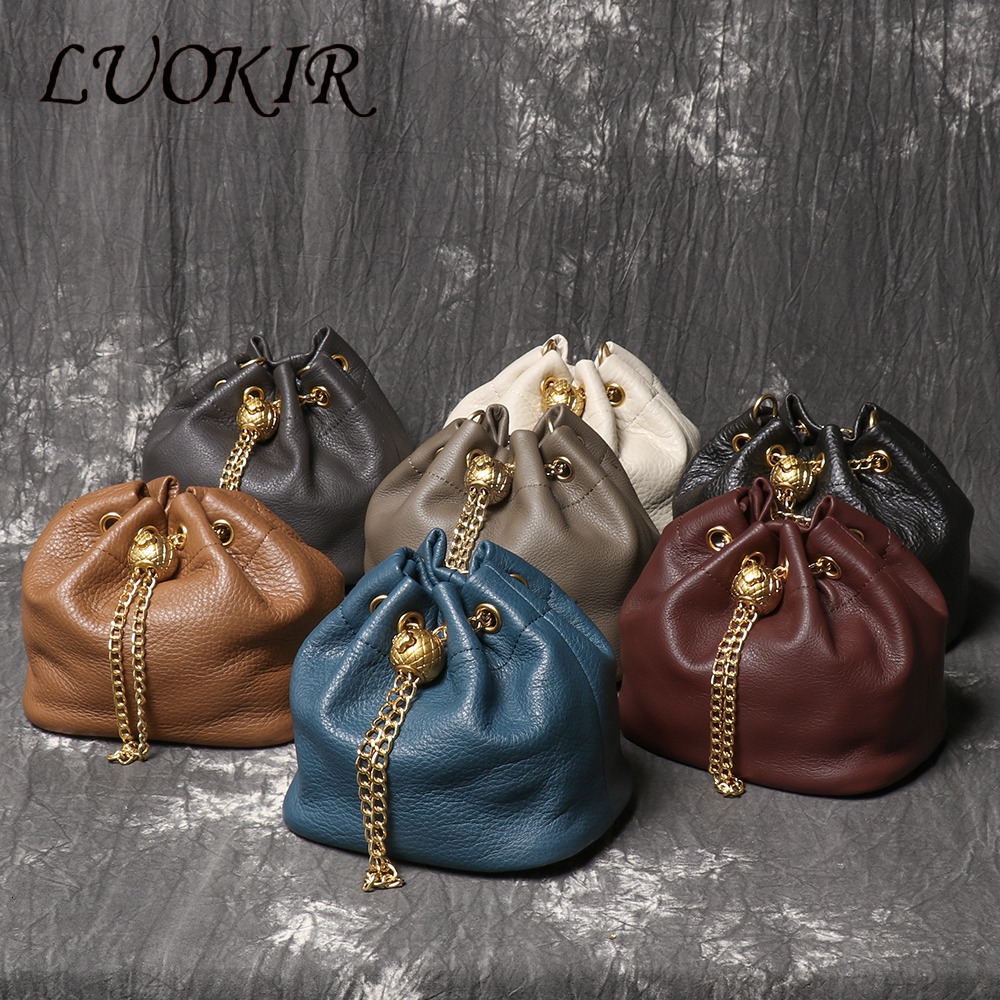 LUOKIR New Metal Drawstring Versatile Women's Handbag Genuine Leather Chain Crossbody Vintage Bucket Mobile Phone Bag