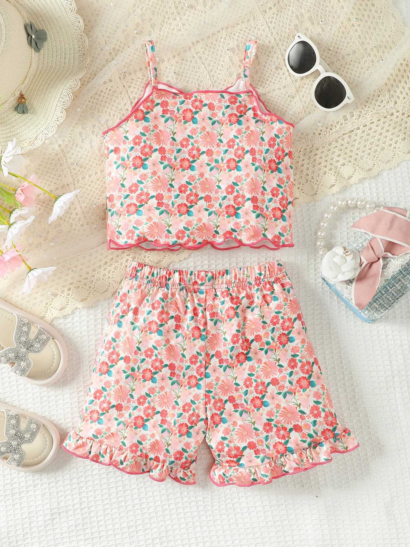 Clothing Sets 2PCS Summer Kid Girls Lovely Clothes Set Floral Sling Top with Shorts Fresh Pastoral Daily Casual Costume Childre Girl 4-7 YearsY241225E