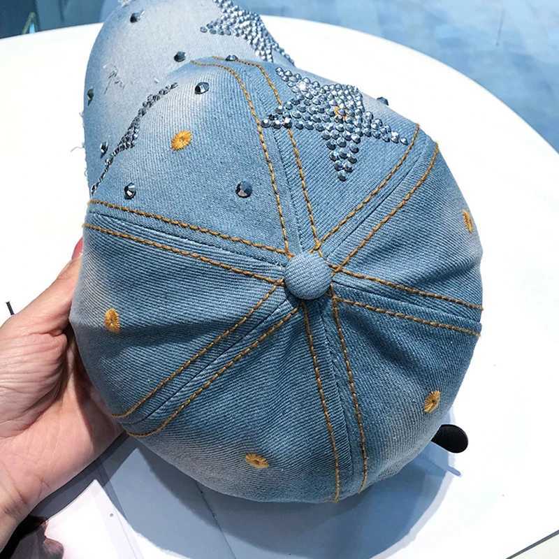 Shining rhinestone womens baseball cap punk pentagram pea cap hip-hop duck tongue cap blue denim duckbill cap pad W241225