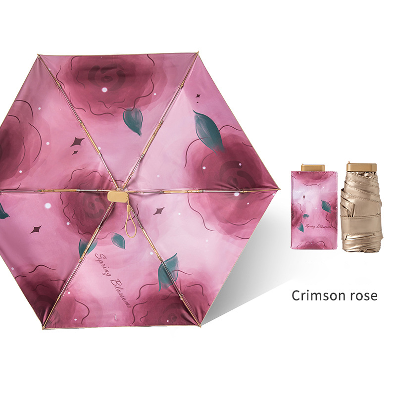 Custom Six-Fold Oil Painting Umbrella with Titanium Gold UV Protection for Women - Portable Folding Pocket Sunshade