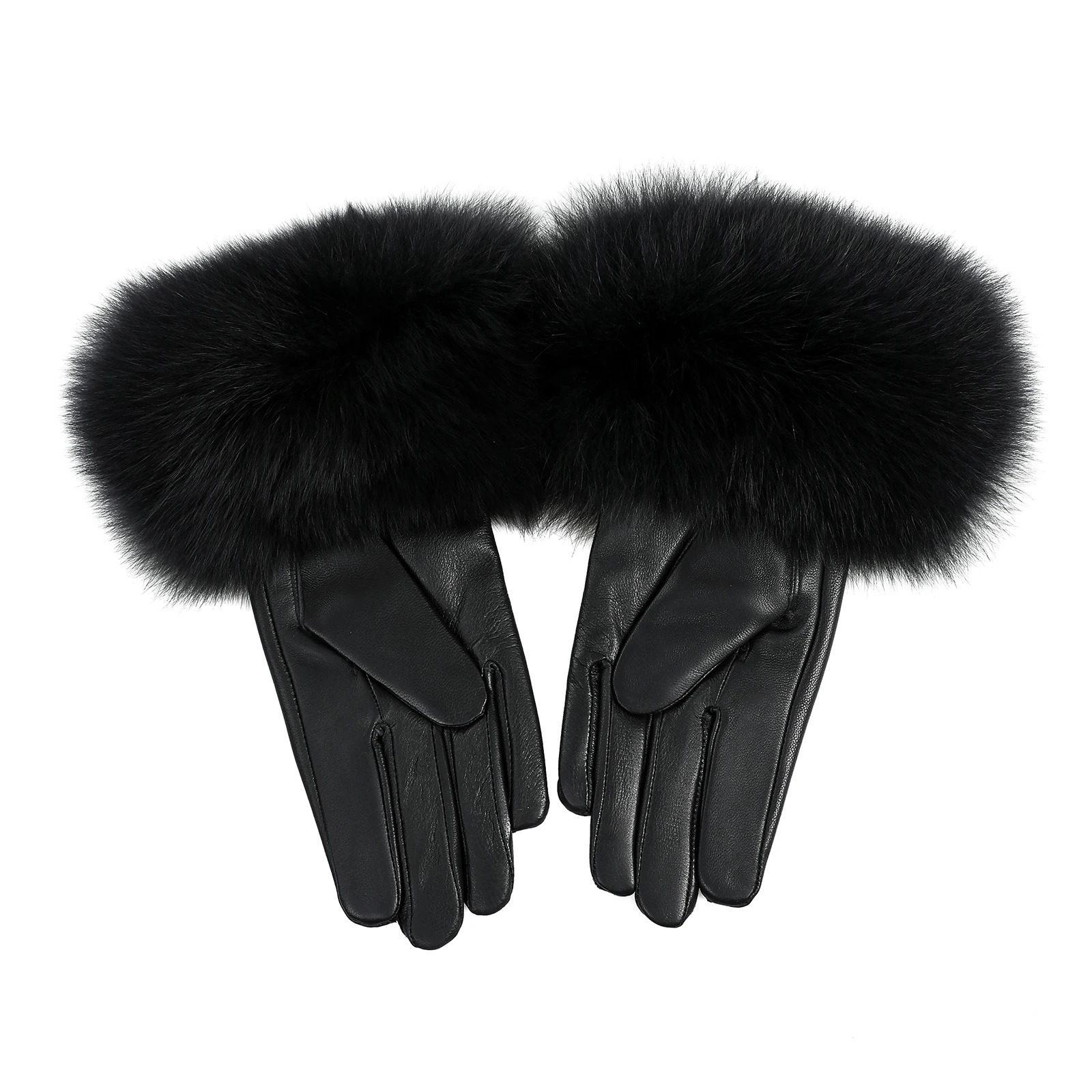 BOONJOVIA Women Genuine Lambskin Leather Gloves With Real Fox Fur Trim Cuff Winter Warm Driving Gloves-Velvet Lined 241225