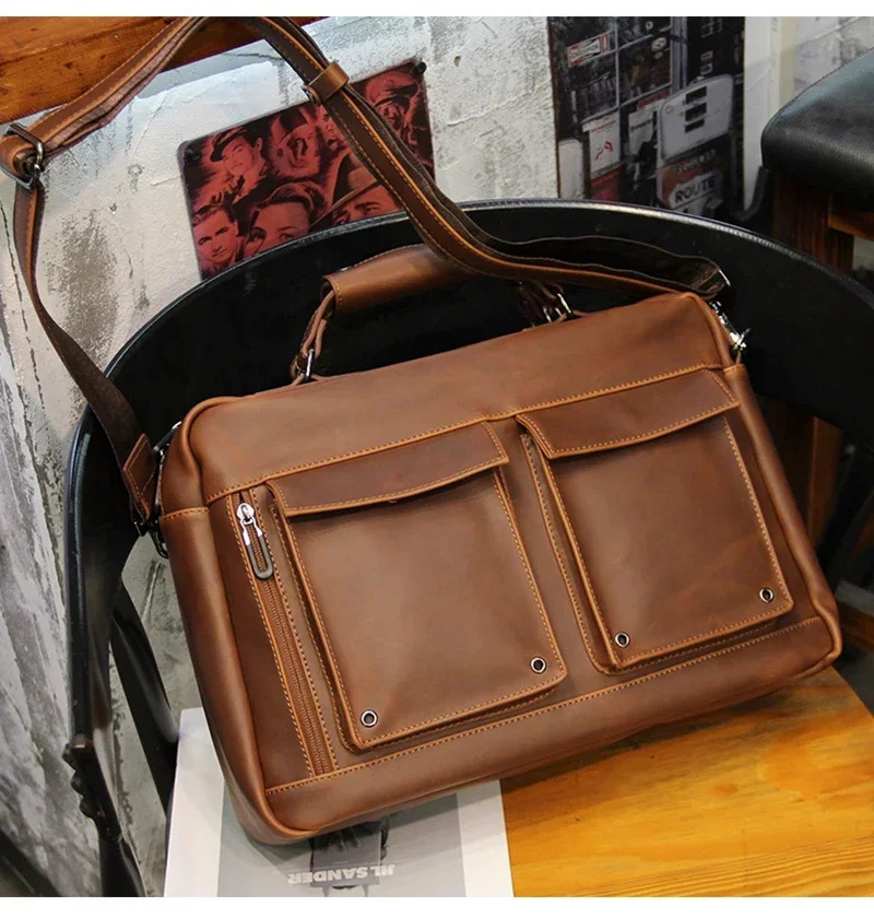 Brown Men Vintage Handbag Business Documents Briefcase Portfolio Laptop Bag Shoulder Messenger Bag Office Handbag 241225