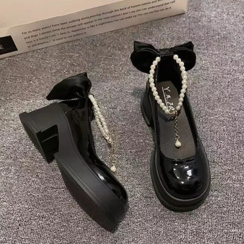Womens Mary Jane Shoes Bow Tie Lolita Shoe Thick Heels Oxford Shoes Vintage Womens Pumps Shoes Patent Leather Zapatos De Mujer 241225