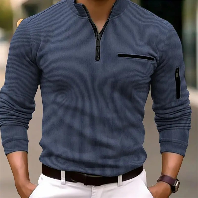 Spring Autumn Fashion Stand Collar Long Sleeve Solid Polo Shirts Mens Clothing Korean Casual All-match Zipper Trend Tops 241224