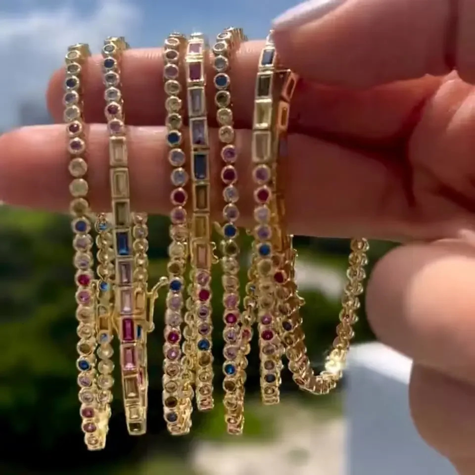 Promotion Iced Out Bling Women Girl Jewelry Geometric Rectangle Round 5A Cubic Zirconia Colorful CZ Tennis Chain Bracelet Bangle 241225