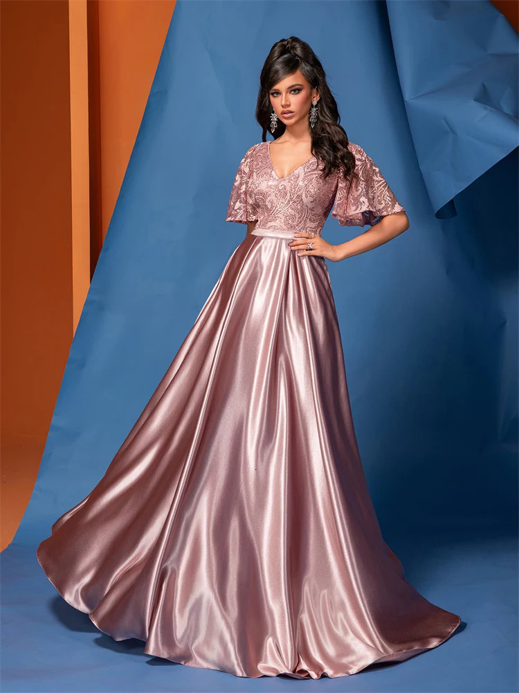 XUIBOL Elegant Short Sleeve Pink Satin Formal Evening Dress Long Women Mermaid Wedding Party Dress Cocktail Prom 241223