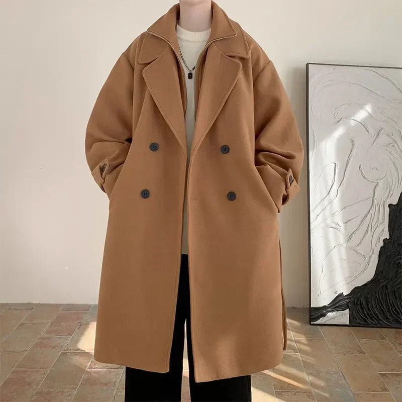 Winter Men Korean Coat Long Woollen Wind Woolen Overcoat Casual Business Thick Trench Jacket Male Oversized 5XL 241225