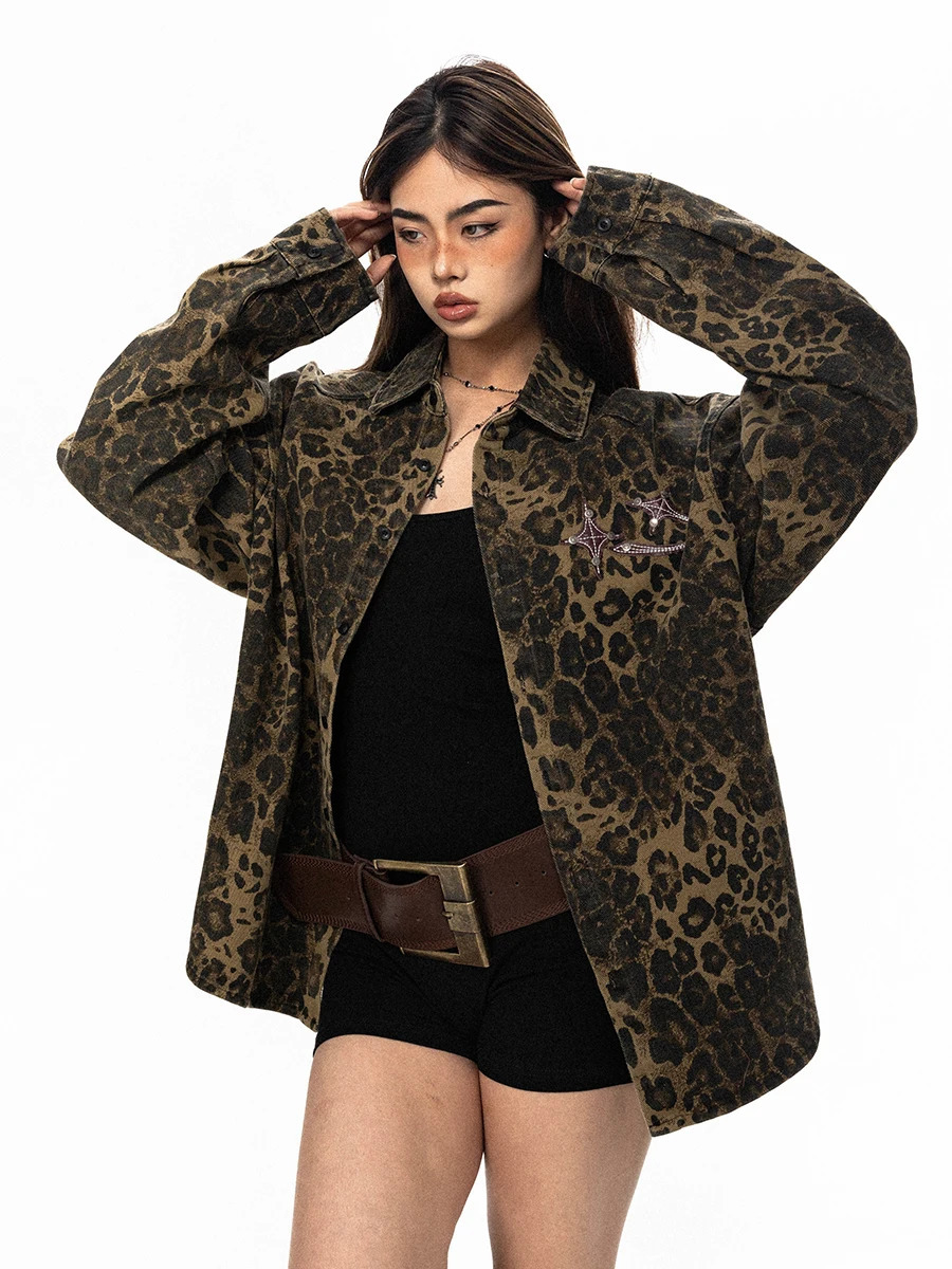 Denim Jackets Women Vintage Fashion Casual Tops European Style Street Leopard Print Single Breasted Y2k Daily Coats Personality 241223