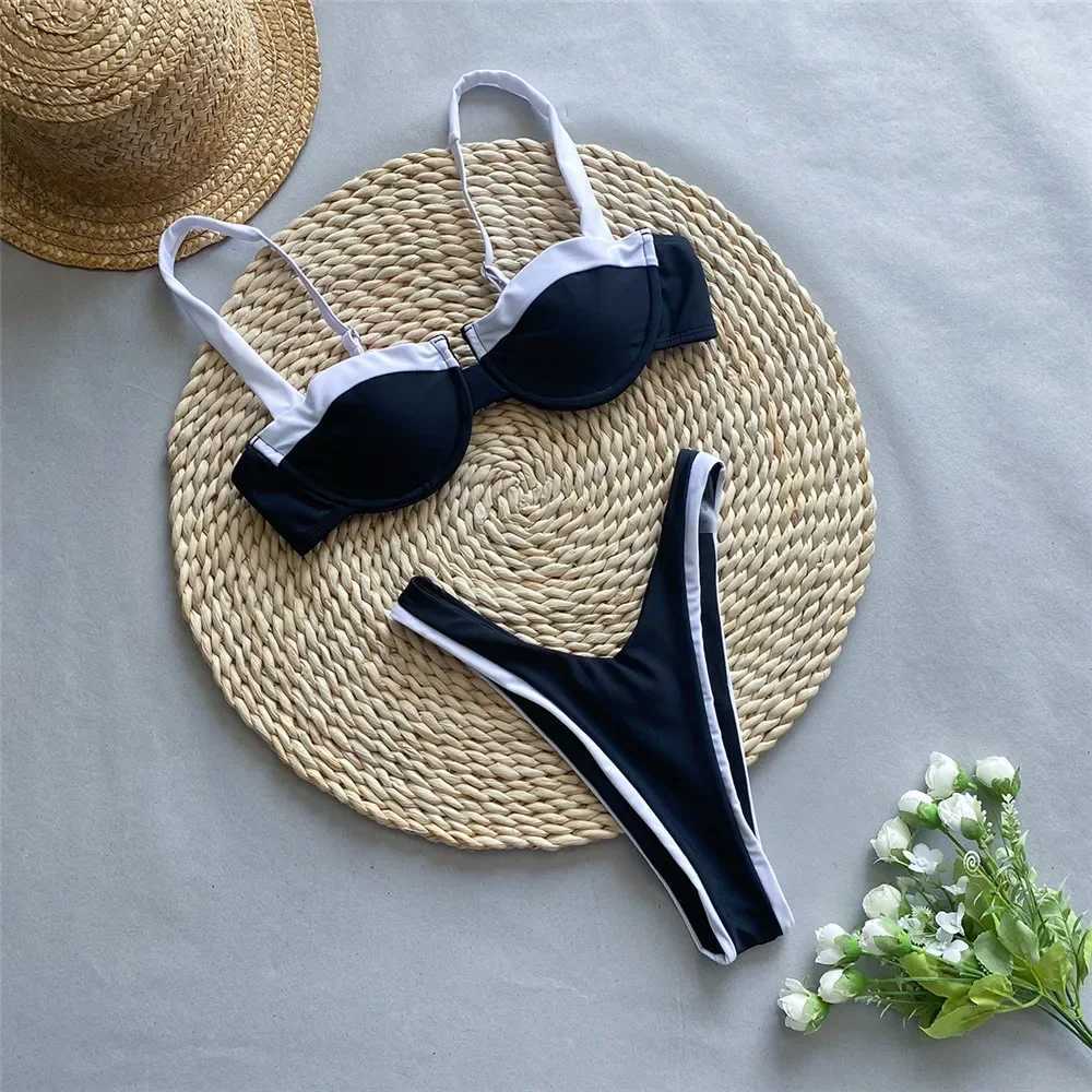 Contrast Colors Black Bikini Push Up Sexy Mini thong Swimsuit Womens 2024 Wireless Swimsuit High Cut Swimsuit Bikini SetW241225