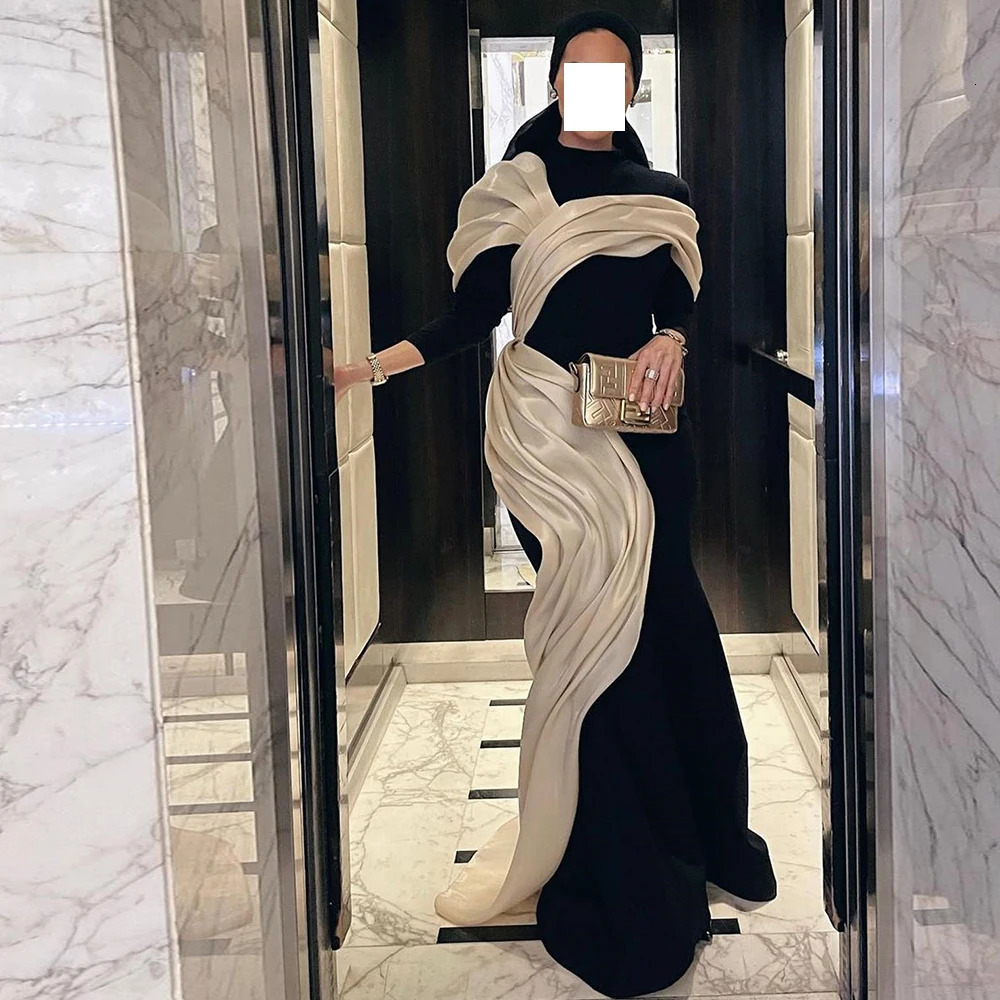 Elegant Party Dresses Woman High Collar Satin Pleats Sweep Train Contrast Color Long Sleeve Satin Dresses For Formal Occasi 241223