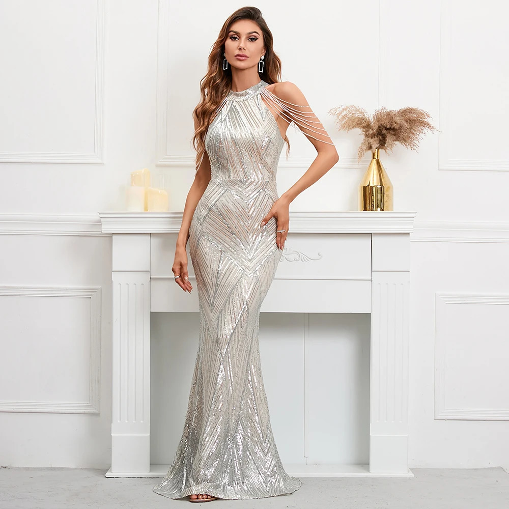 YIDINGZS Elegant Off Shoulder Silver Sequin Evening Dress Women Party Maxi Dress Long Prom Dress 18126 241223