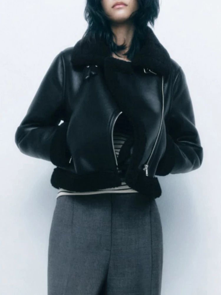 TRAF Womens Winter Fashion Casual Jacket Thickened Warm Loose Fur One Coat Long Sleeve Zip Retro Short Jacket 241217