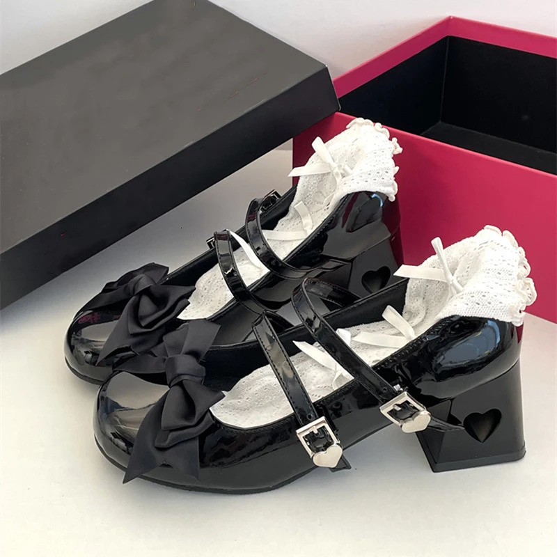 Pink Mary Jane Lolita Shoes Women Autumn Y2K Patent Leather Low Heels Pumps Woman Silk Bowtie Ankle Straps Party Shoes 241225