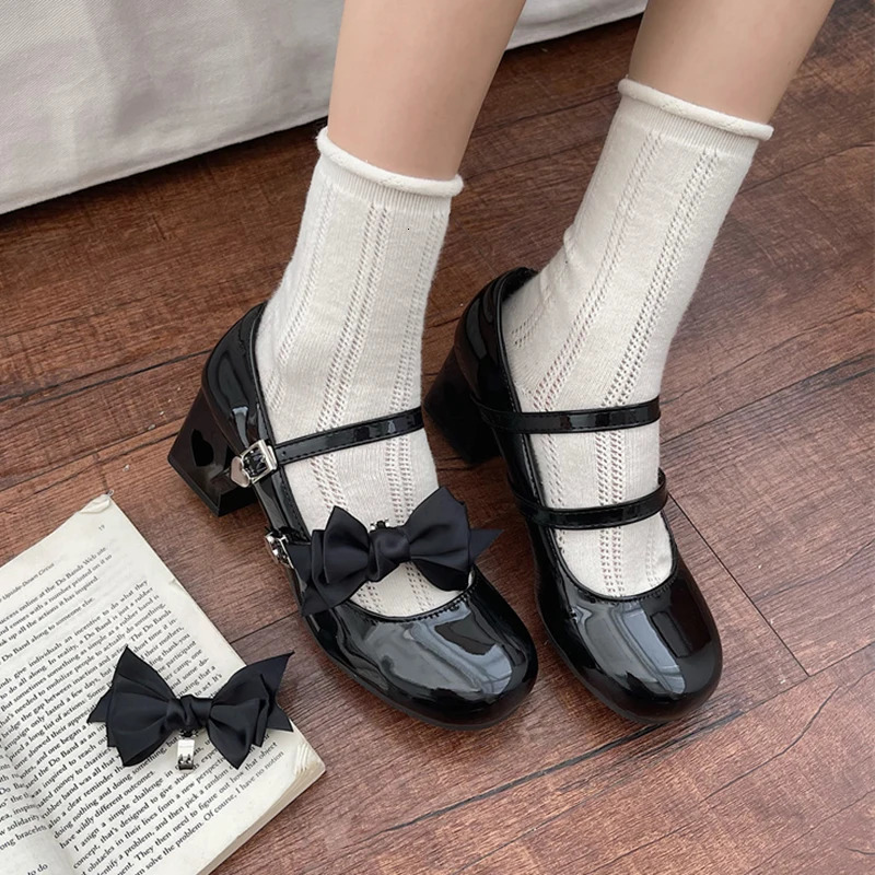 Pink Mary Jane Lolita Shoes Women Autumn Y2K Patent Leather Low Heels Pumps Woman Silk Bowtie Ankle Straps Party Shoes 241225