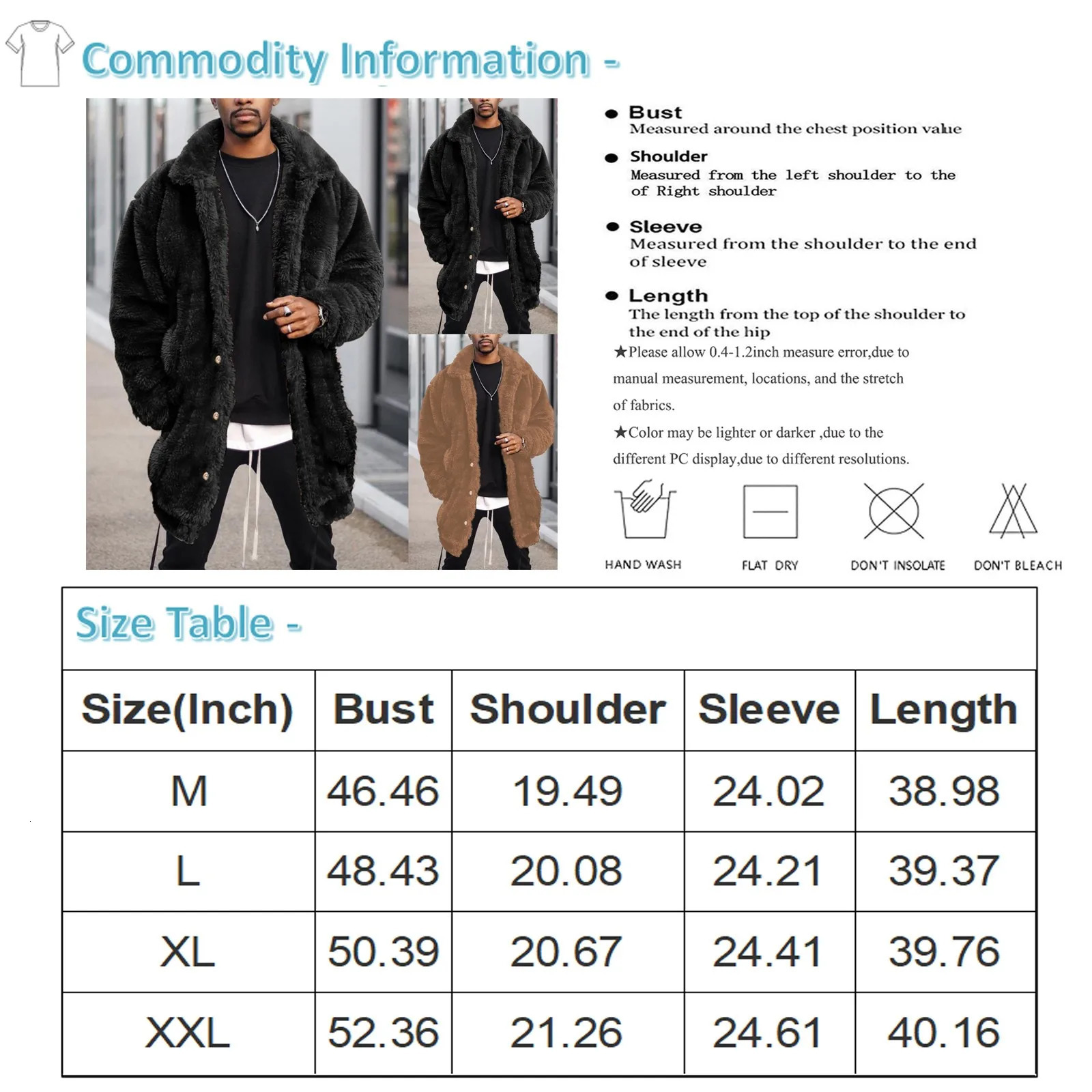 Winter Men Fluffy Fleece Thick Warm Coat Jacket Long Sleeve Hooded Plush Buttons Clre Thicken Outerwear 241225