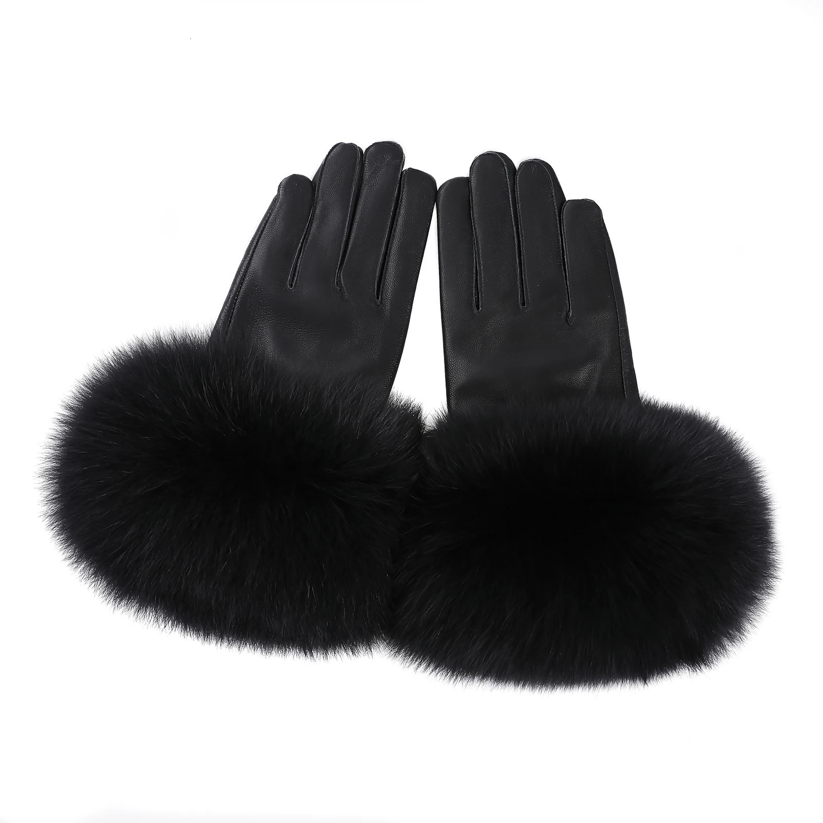 BOONJOVIA Women Genuine Lambskin Leather Gloves With Real Fox Fur Trim Cuff Winter Warm Driving Gloves-Velvet Lined 241225