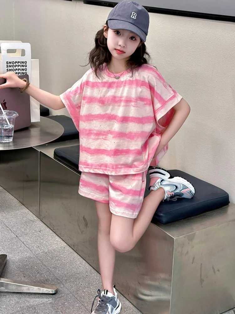 Clothing Sets Summer Baby Girls Clothes Set Pink Stripe Short Sleeve T-shirts and Shorts 2pcs Suit Children Fashion Top Bottom OutfitsY241225ITQN