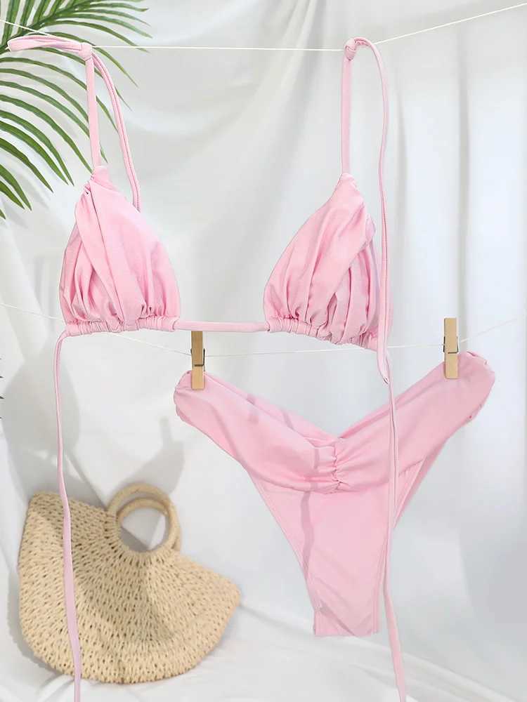 Wrinkled Brazilian Folding Bikini Set Sexy Micro Bikini 2023 Womens Swimsuit Womens Triangle Swimsuit Beach SwimsuitW241225