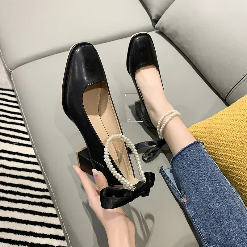 Womens High Heels Bow Tie Thick Heel Square Toe Womens Shoes Shallow Mouth Mary Jane Shoes Fashion Party Shoes Zapatos 241225